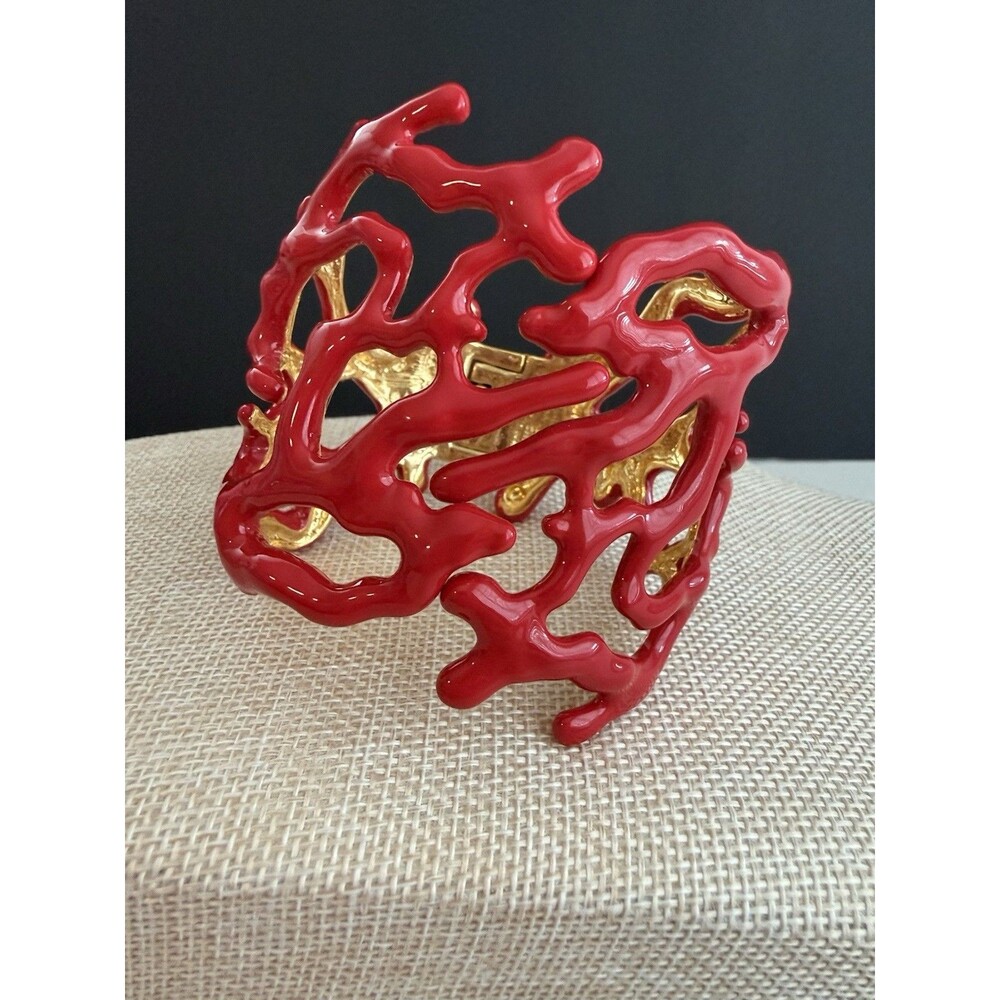 Kenneth Jay Lane KJL Red Enamel Coral Branch Hinged Statement Cuff Bracelet